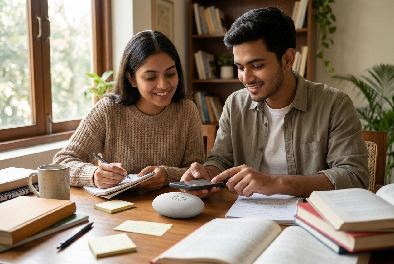 Two students focused together