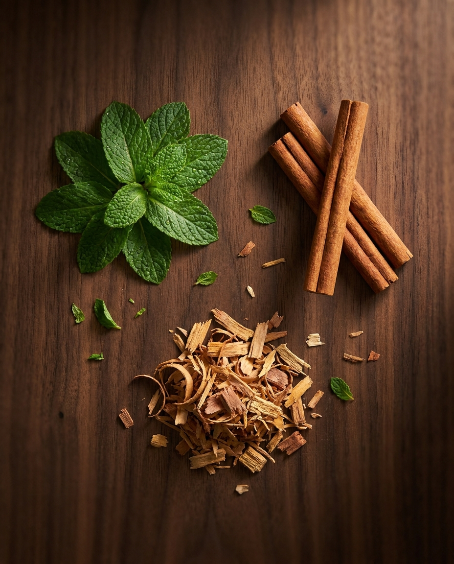 Three natural botanical oils: peppermint, cinnamon, cedarwood