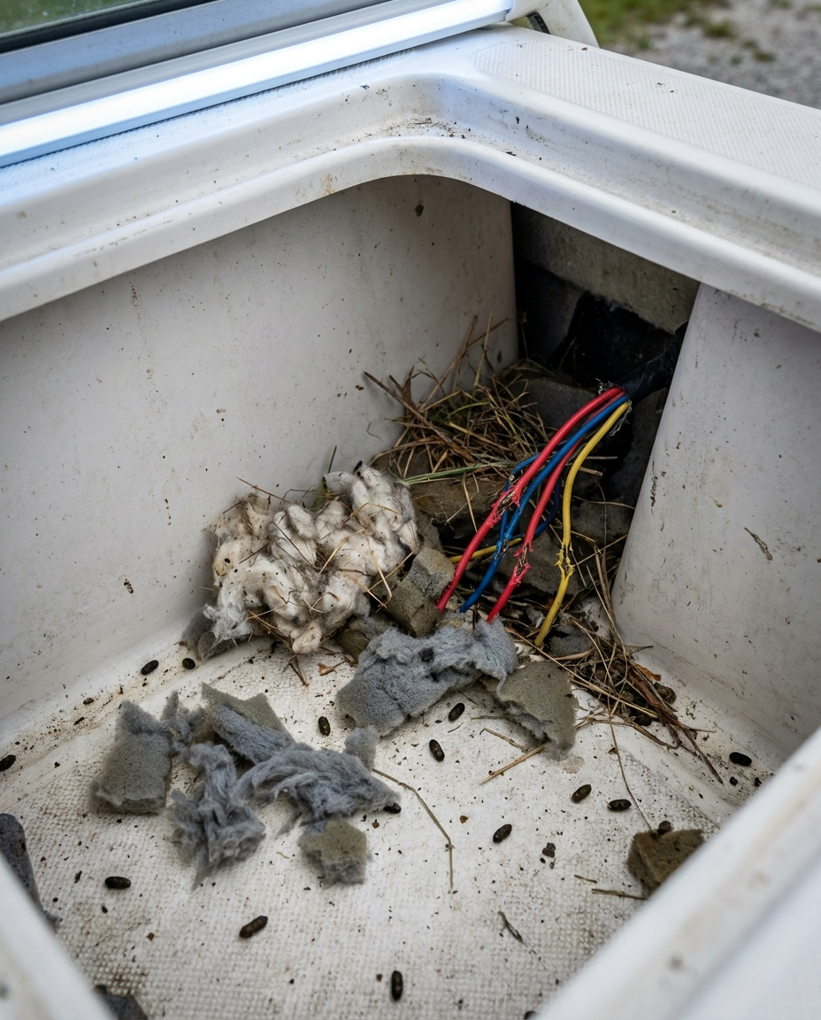 Rodent nest damage inside boat compartment