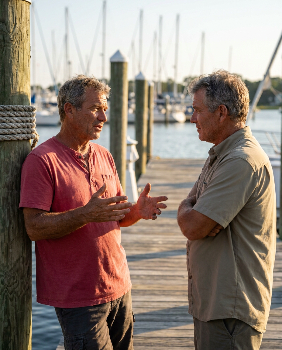 Two boat owners talking at marina dock