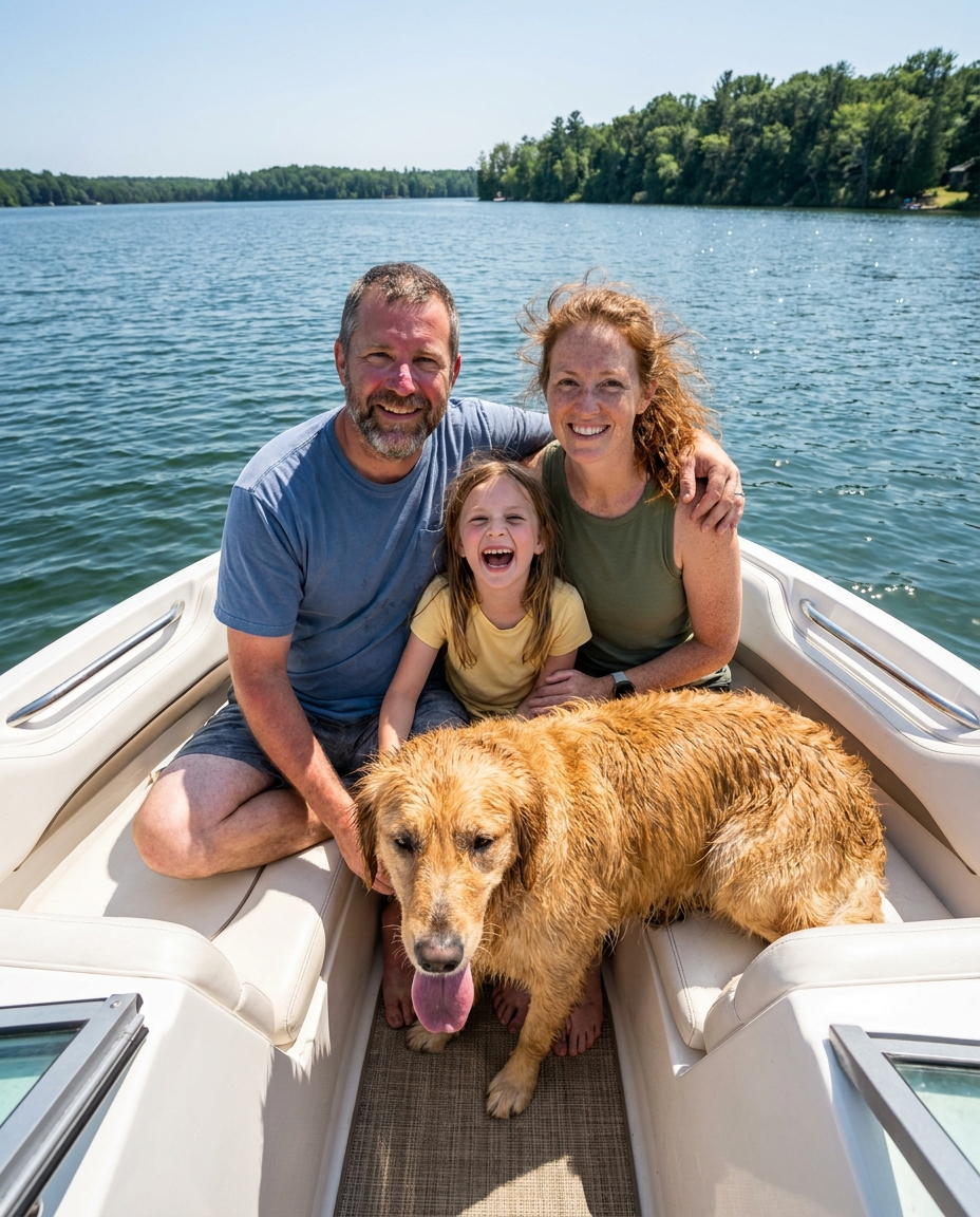 Family with dog on boat, happy and relaxed