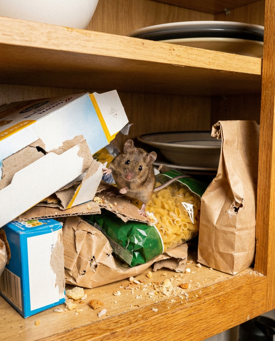 Mouse discovered inside kitchen cabinet among destroyed food packaging