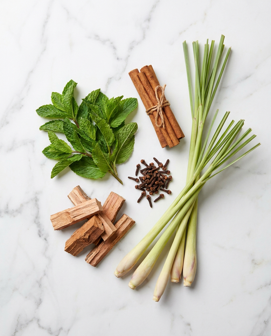 Five botanical ingredients: peppermint, cinnamon, clove, cedarwood, lemongrass