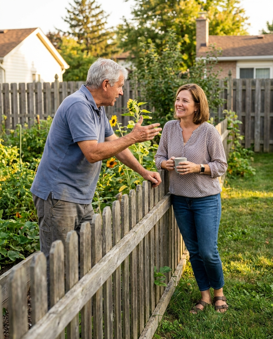 Two neighbors talking over backyard fence