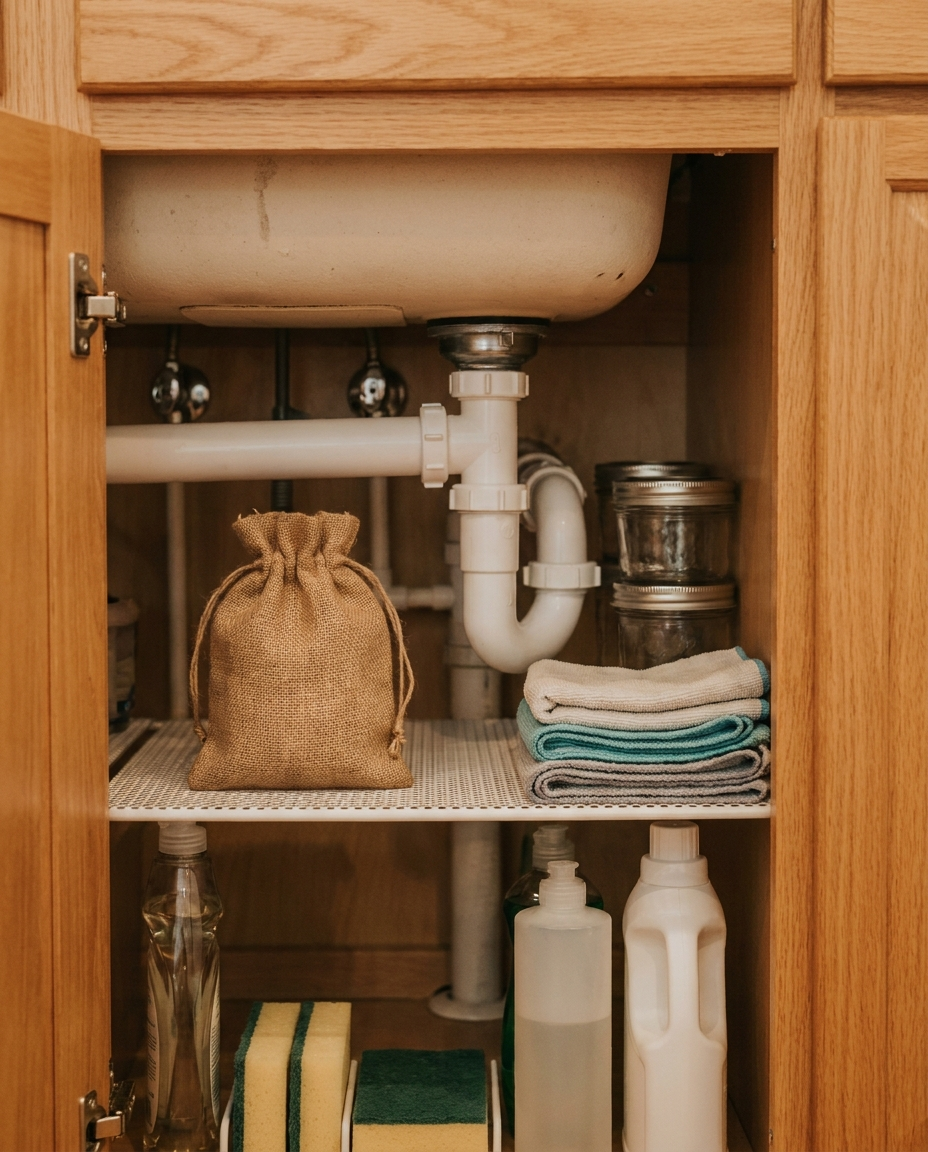 Clean cabinet under sink with ShieldSpry botanical pouch