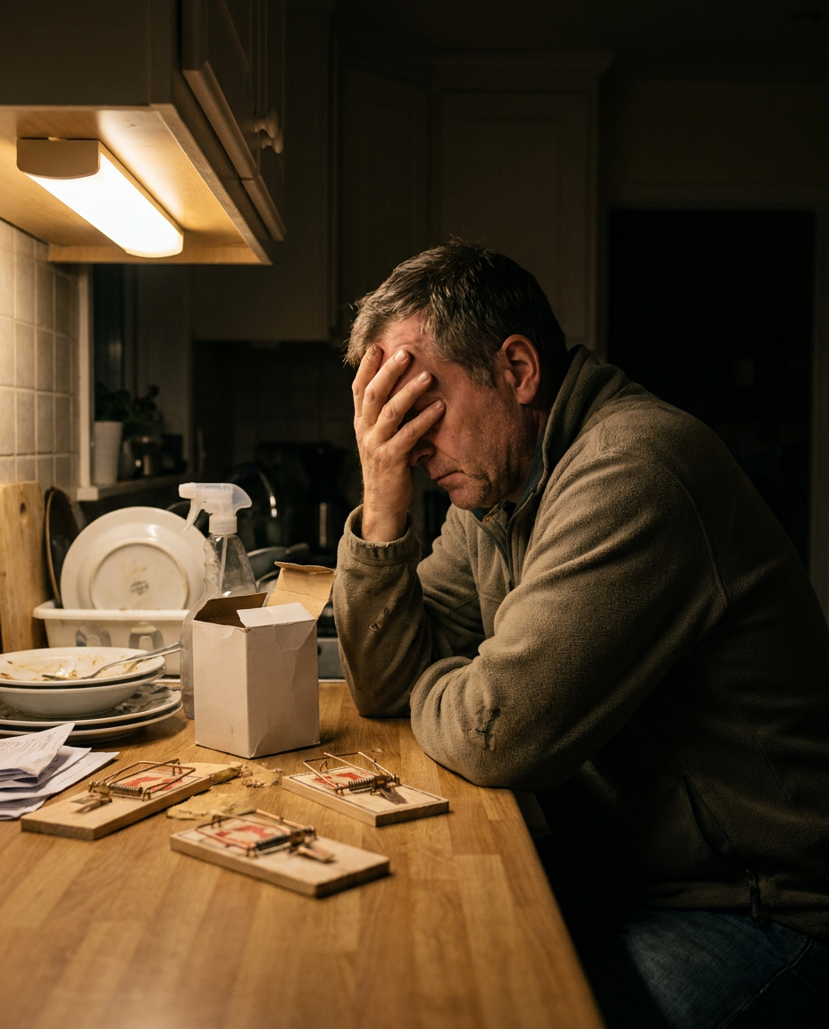 Frustrated homeowner surrounded by failed mouse control products