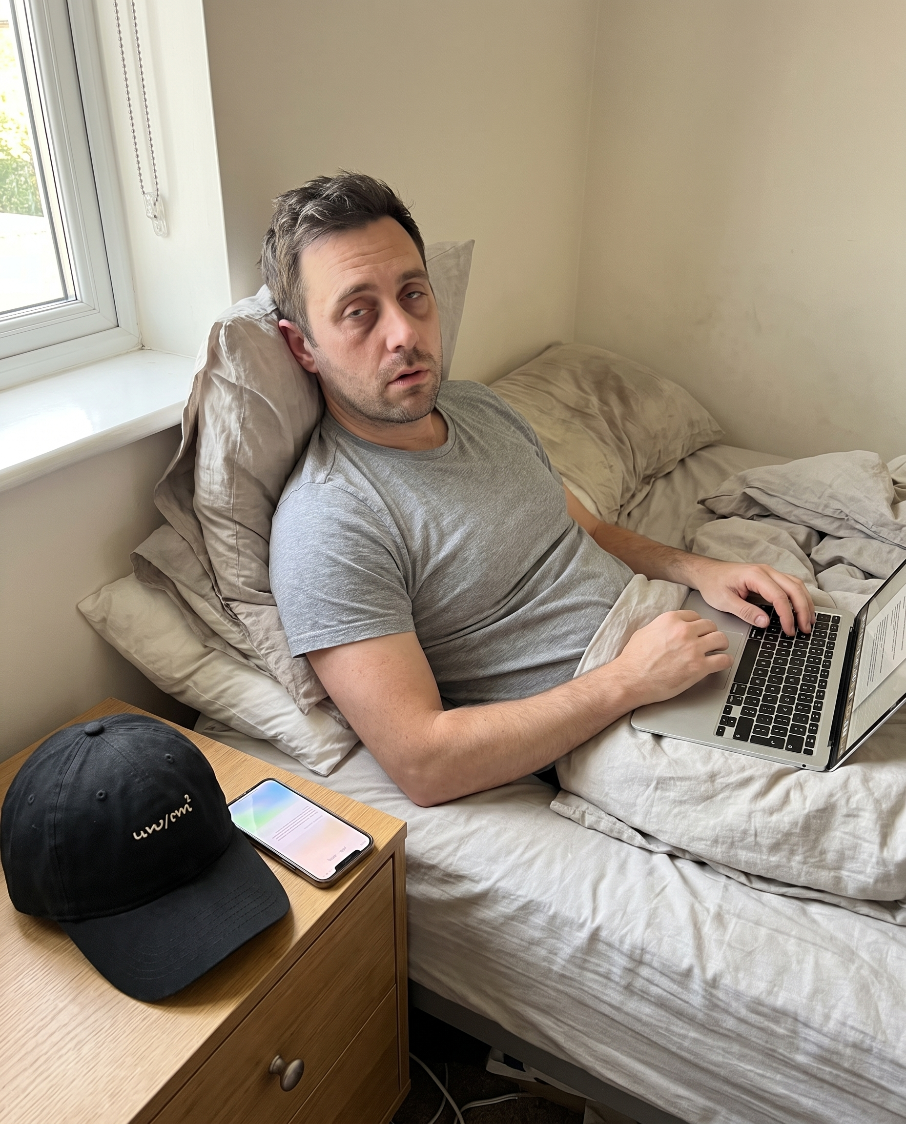 Exhausted man sitting up in bed during the day with laptop and lit phone nearby