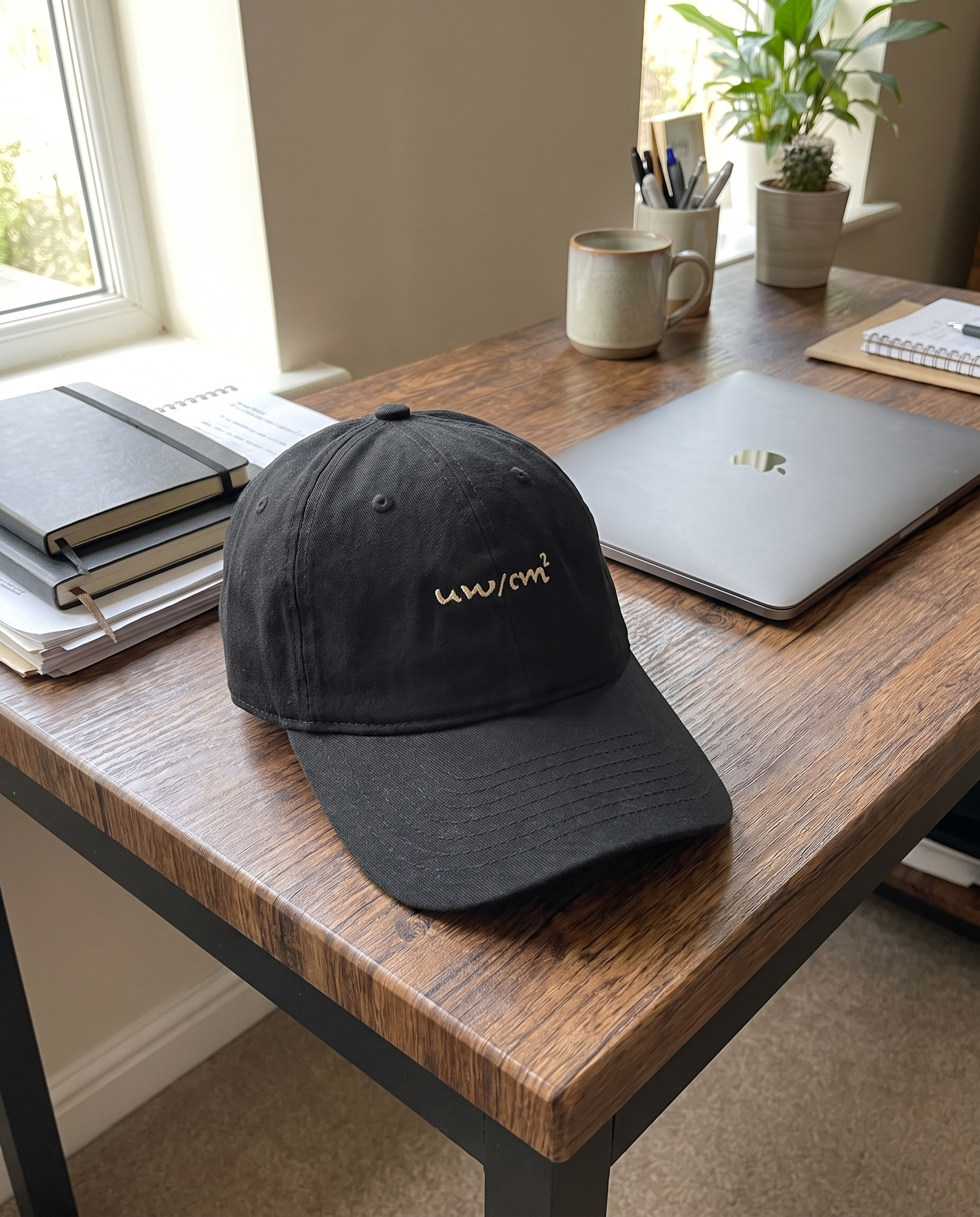 Clean, organized desk setup with the Halo Cap resting nearby