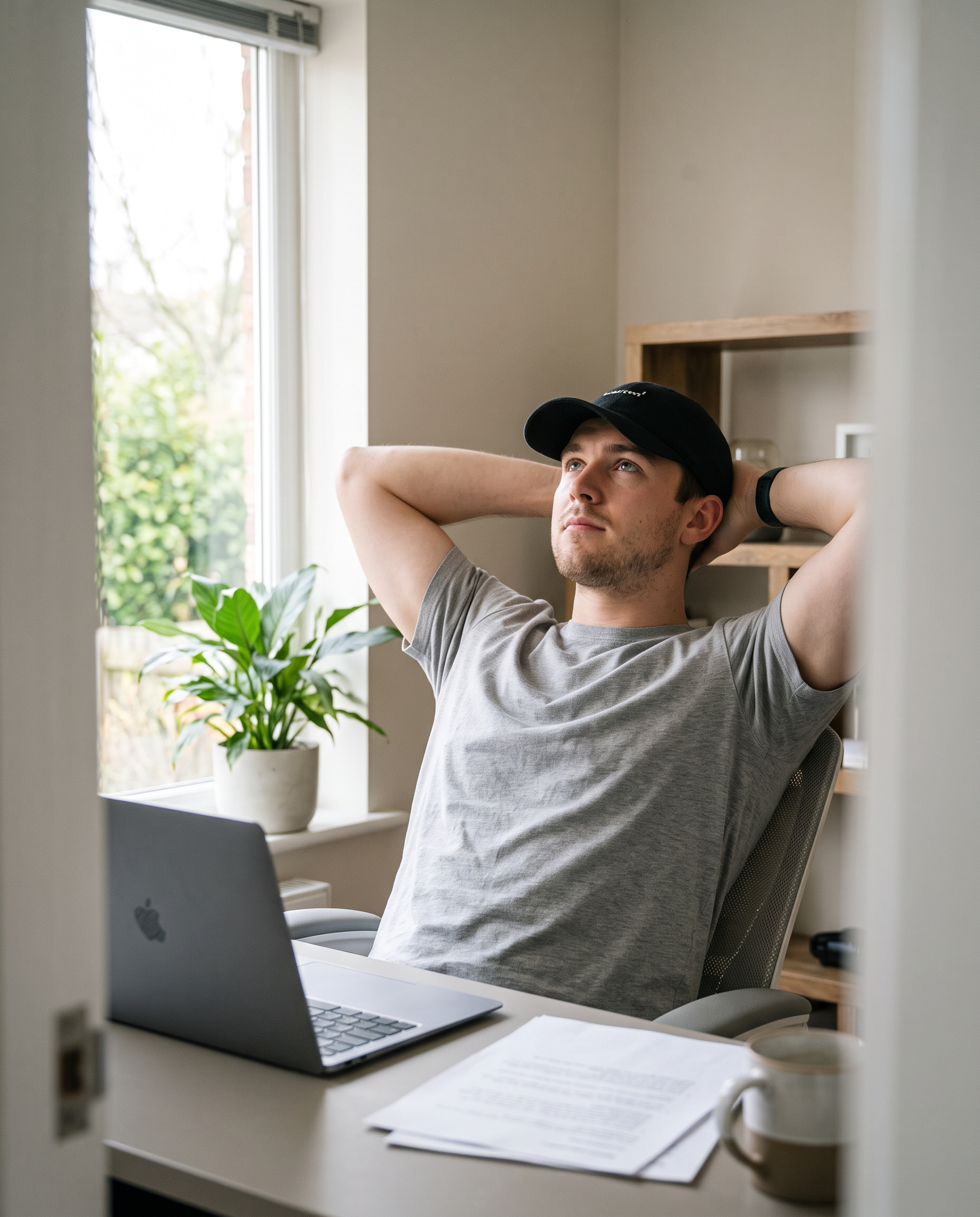 Wide shot of a calm, relaxed home office or workspace