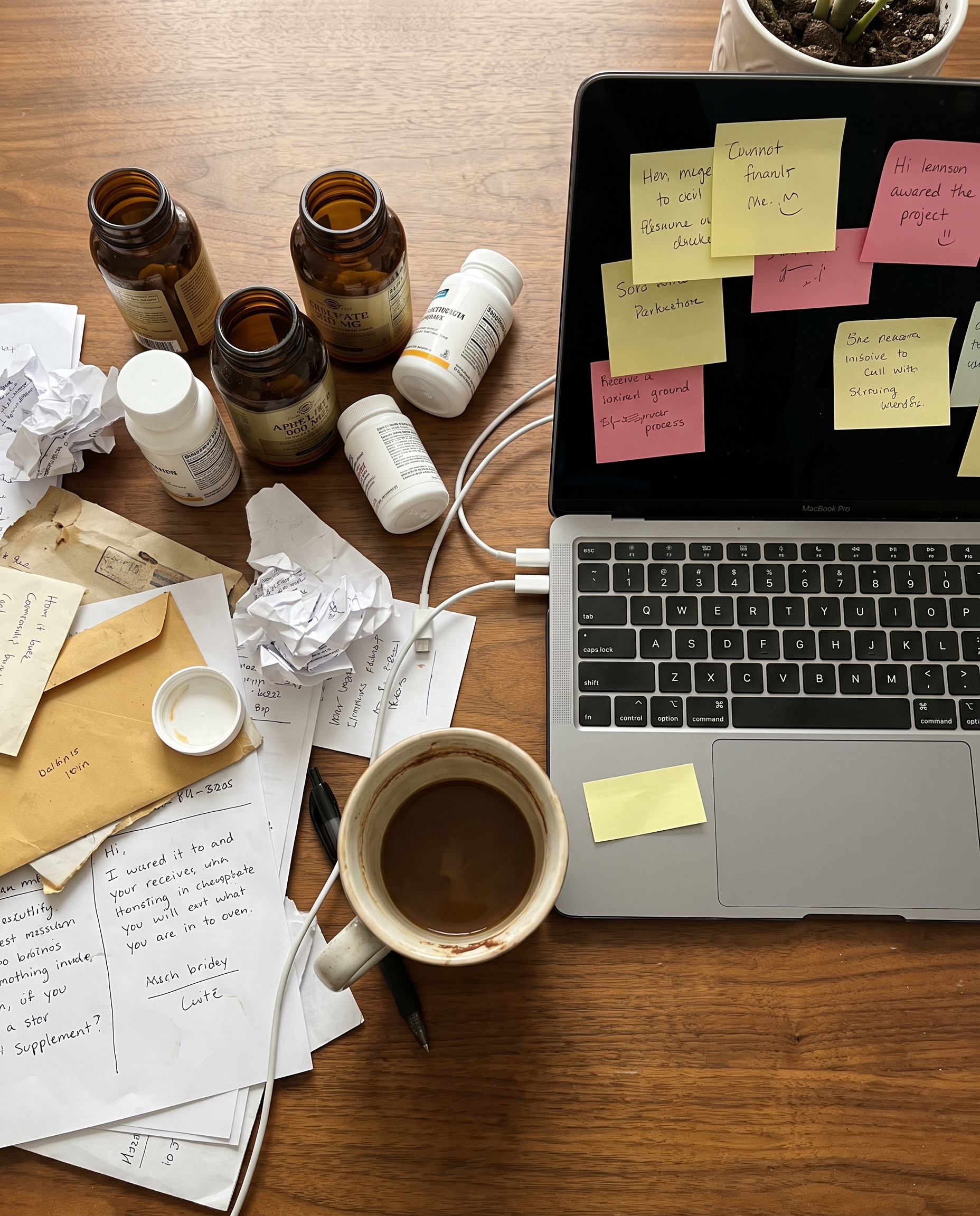 Desk covered with supplement bottles, sticky notes, and a cold coffee cup