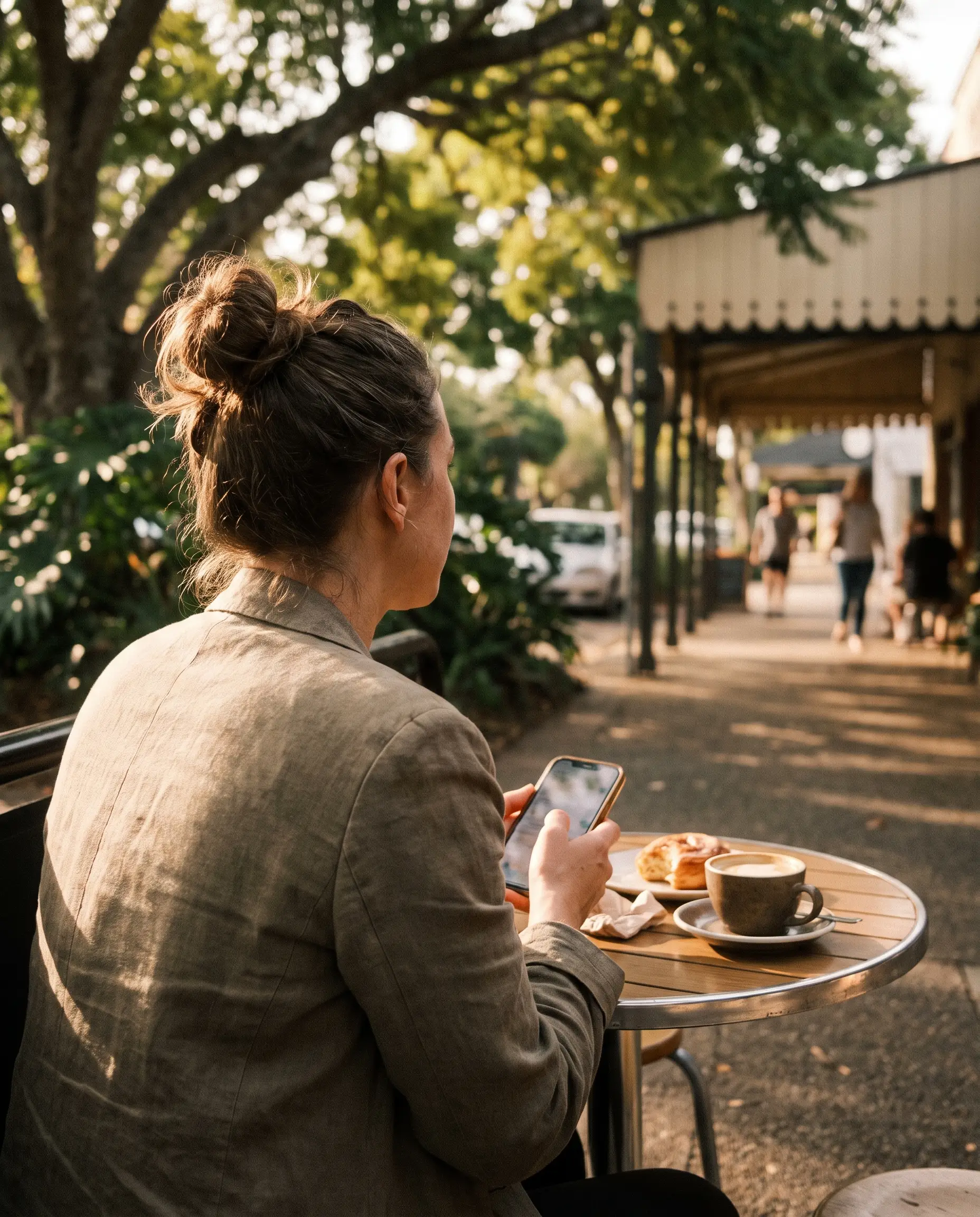 A woman at a street cafe stopping mid-scroll on her phone