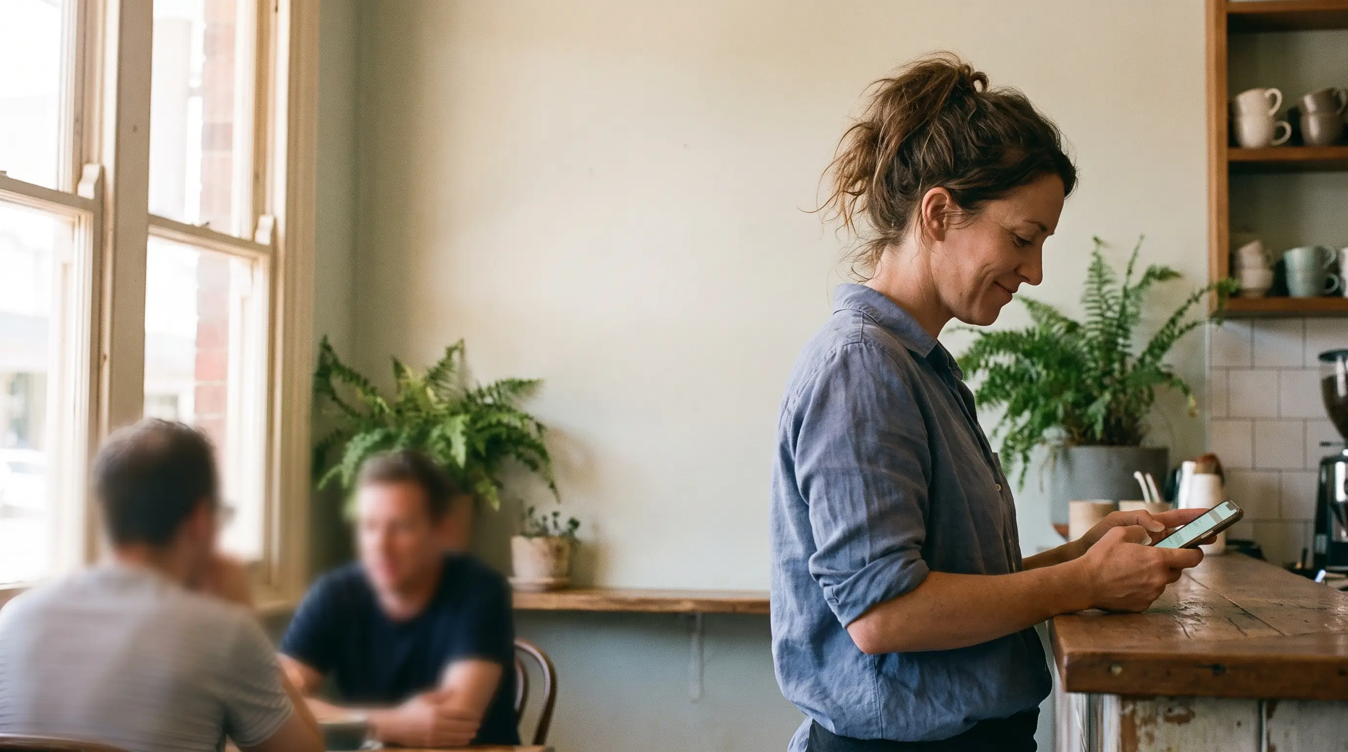 A cafe owner smiling at a new message on her phone behind the counter