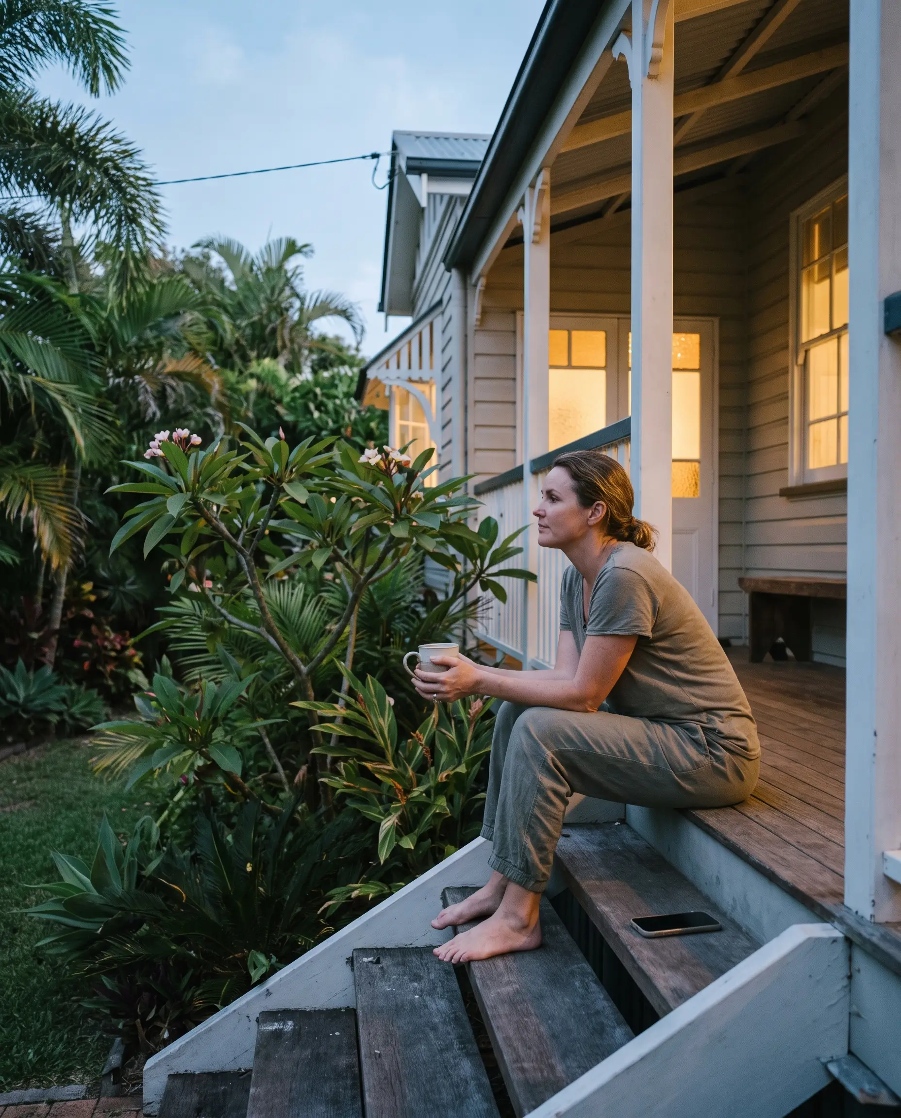 A business owner relaxing with a cup of tea on her front steps at dusk