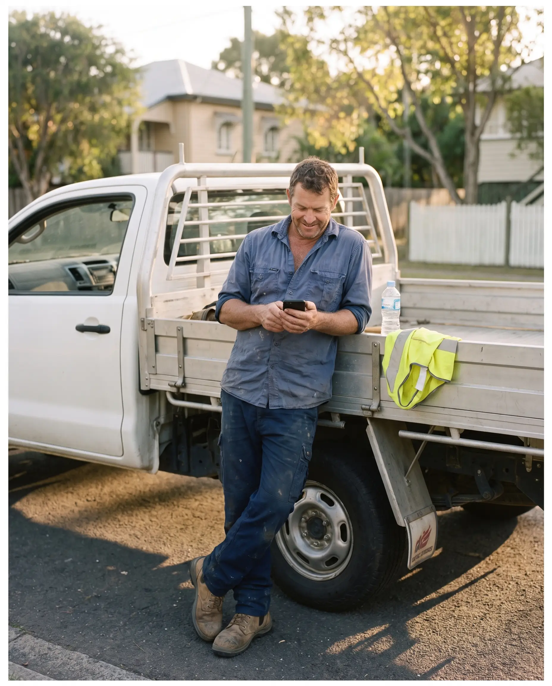 A tradesman leaning against his ute, smiling at a new job enquiry on his phone