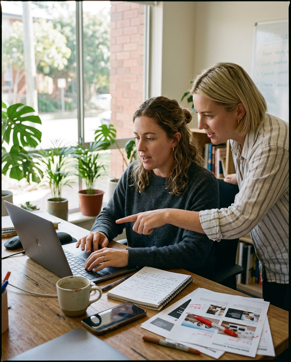 Two of the Covèra team working through ad layouts together at a desk