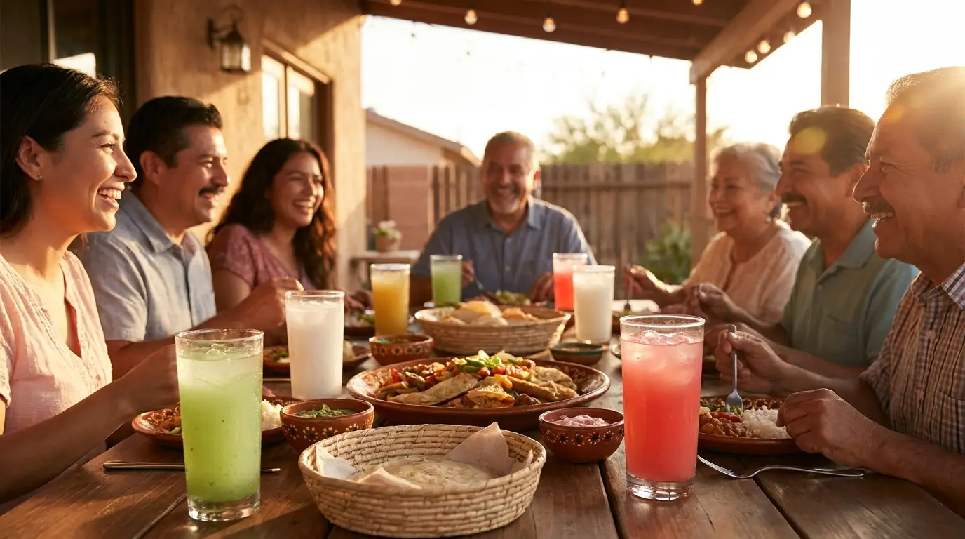 Sharing drinks around the family table at golden hour