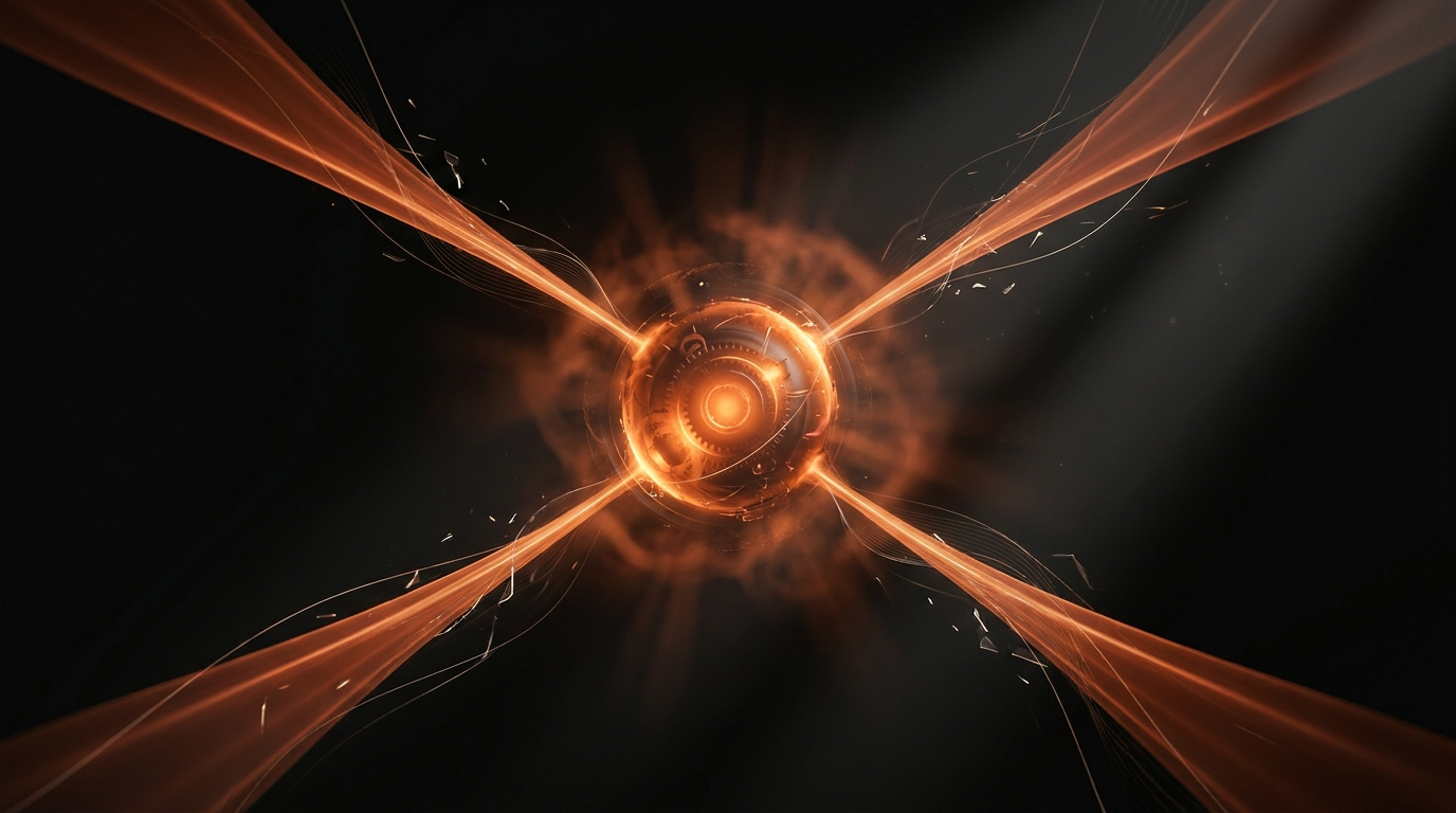 Abstract render of four orange light streams merging into one glowing engine core — the DYE MEDIA growth engine