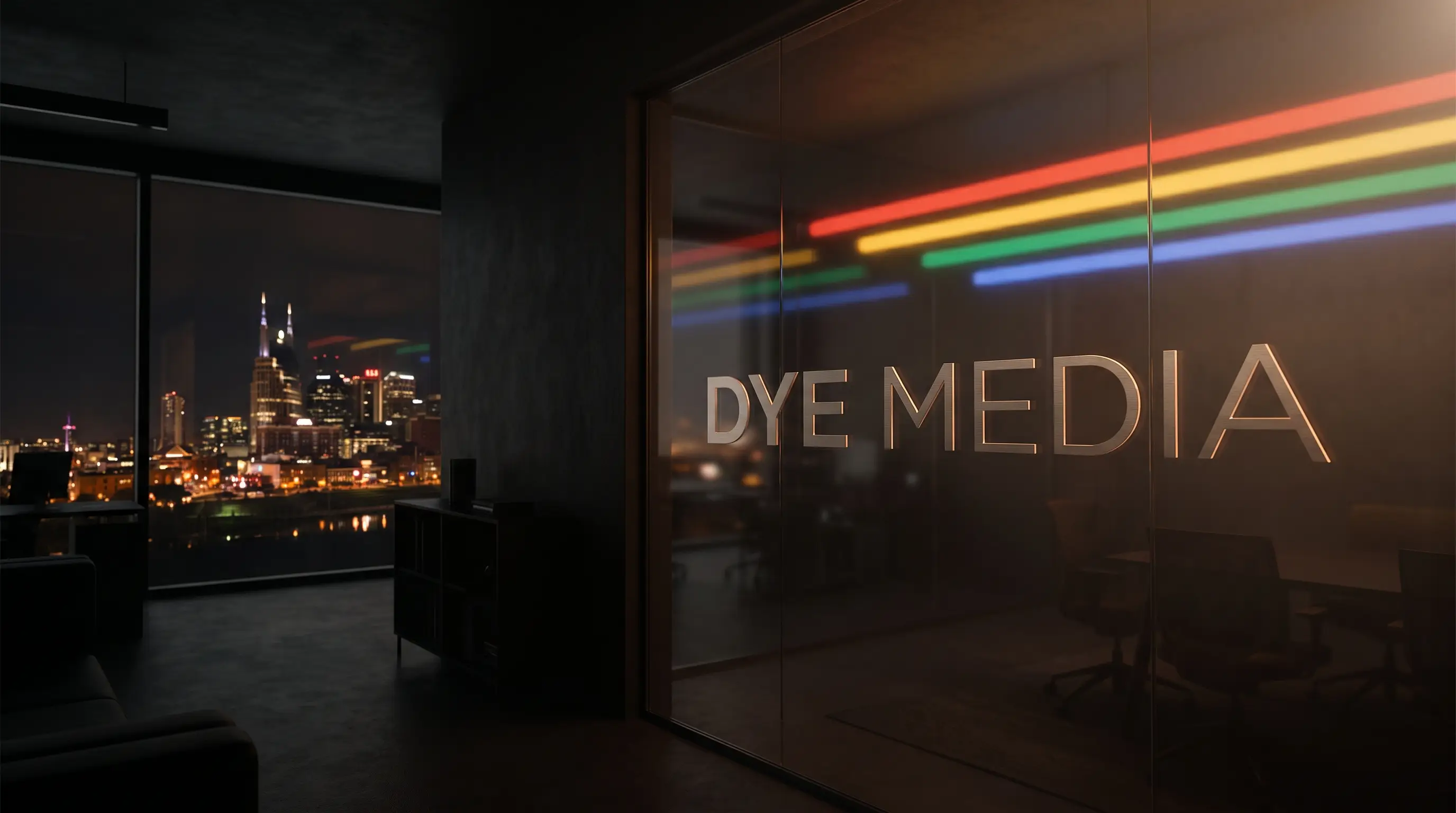 The Nashville skyline seen through the DYE MEDIA studio glass at night