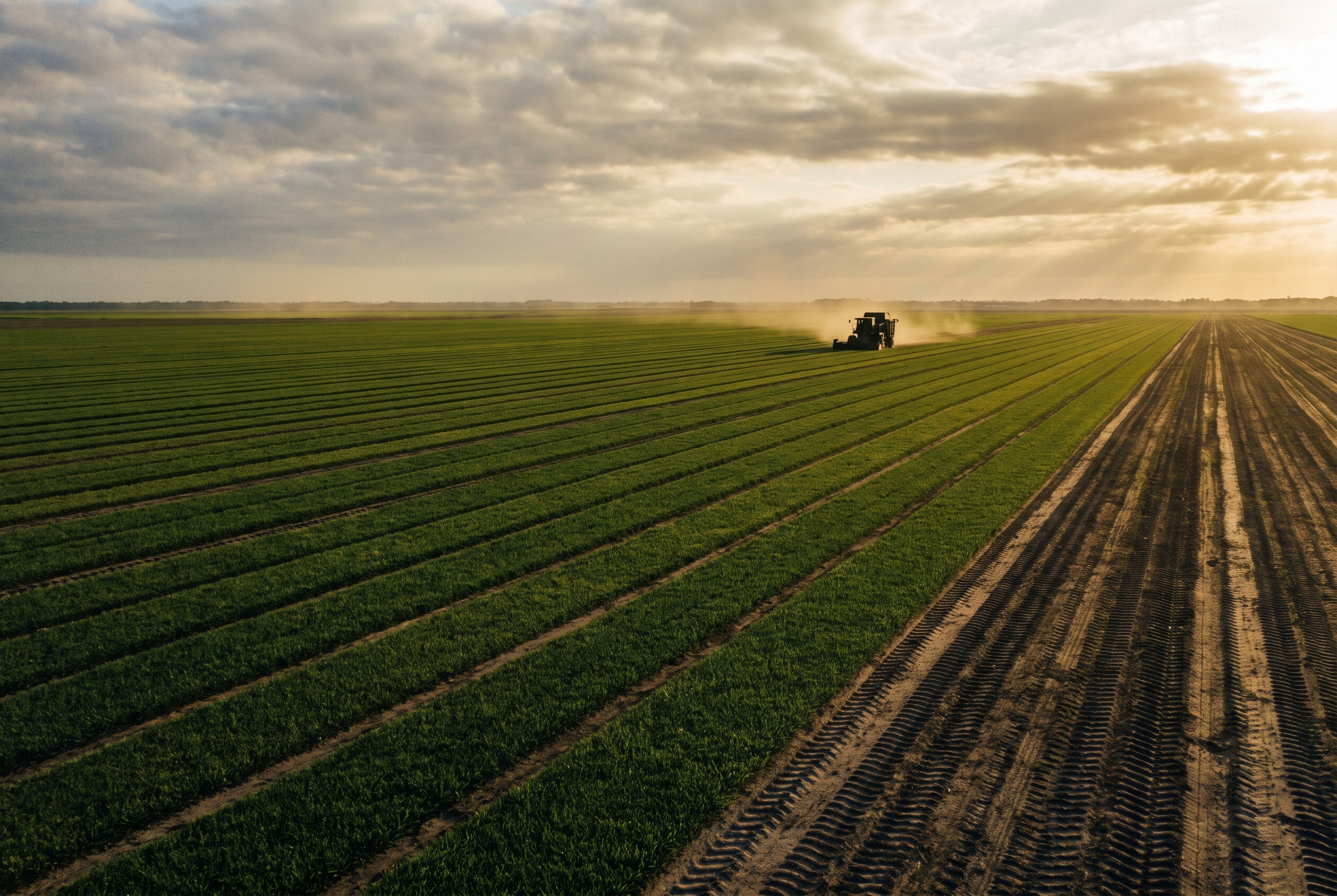 Rows of mature turfgrass growing in sandy Florida sod farm soil at golden hour, harvesting equipment visible in the distance.