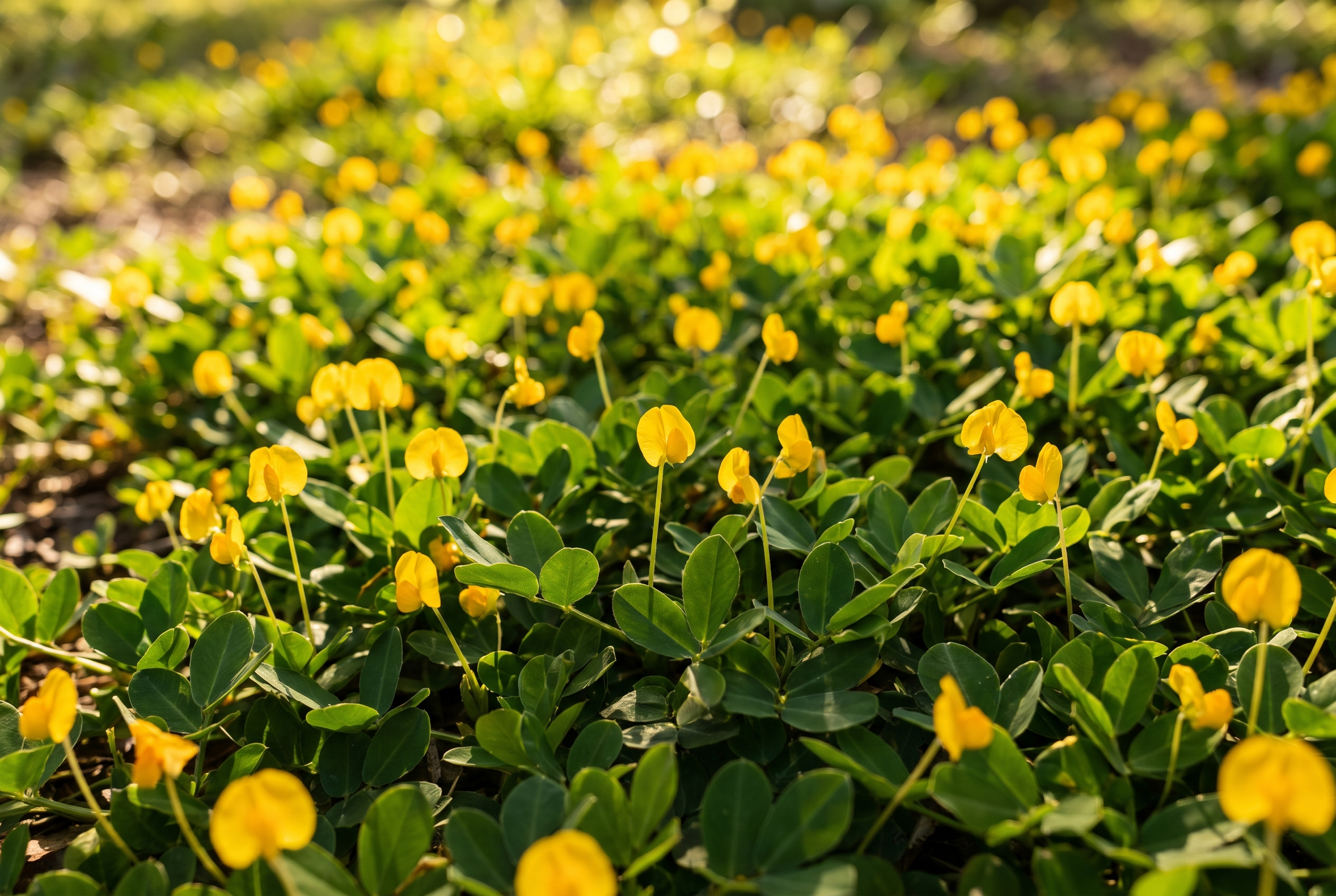 Close-up of golden perennial peanut flowers in bloom over dense Florida groundcover in warm afternoon sunlight.