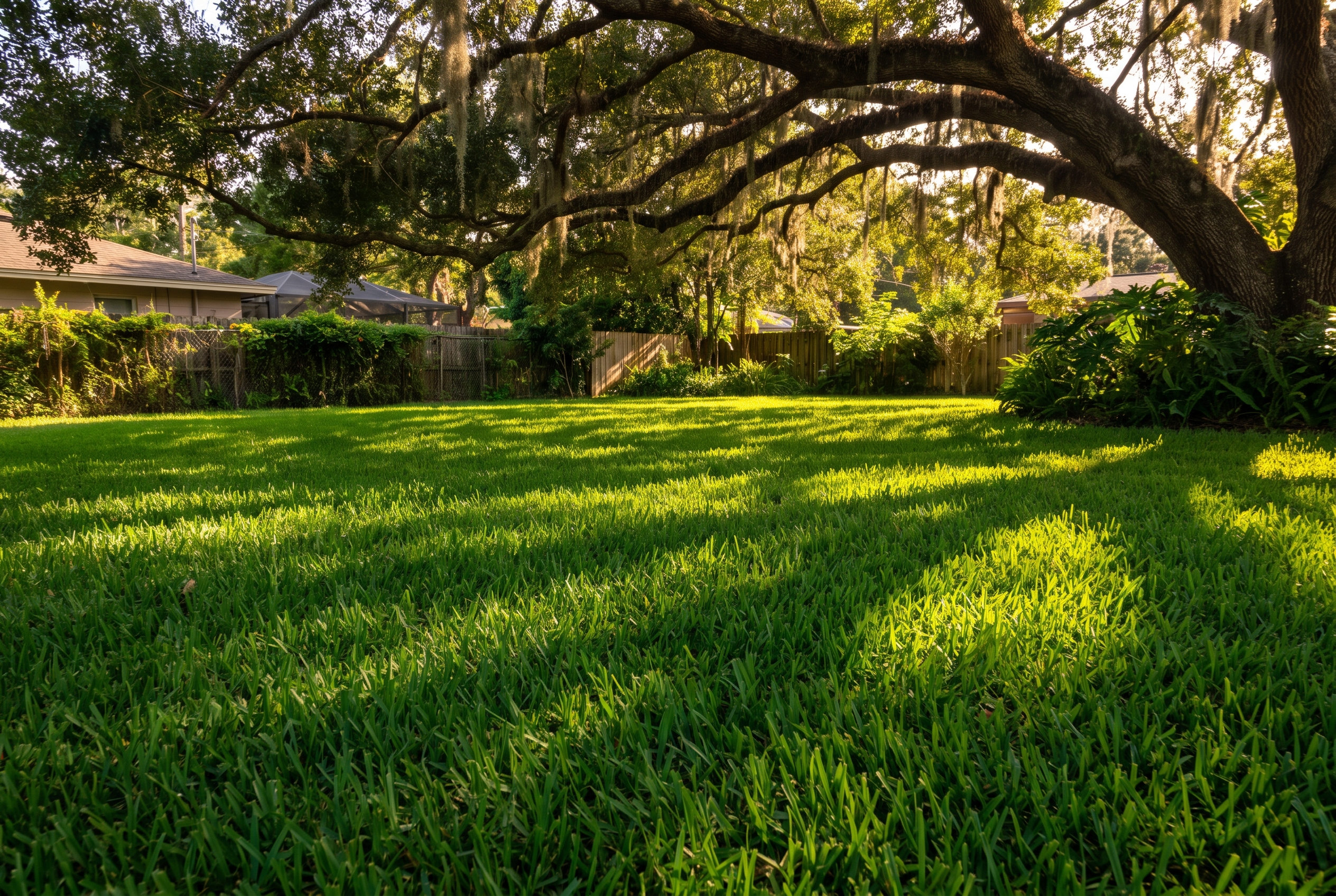 Lush St. Augustine lawn thriving beneath the dappled shade of a mature Florida live oak, golden afternoon light filtering through the canopy.