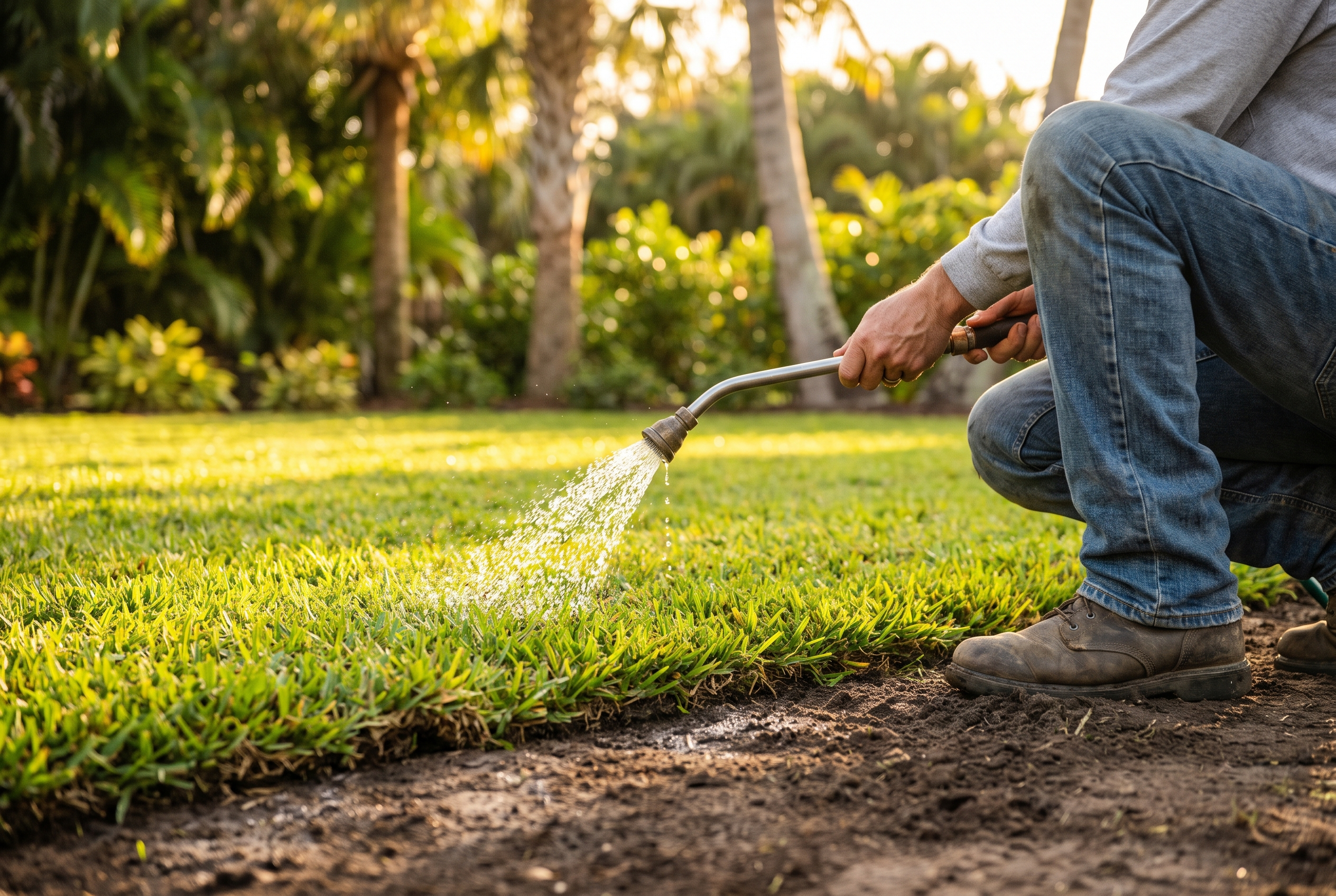 Homeowner kneeling to hand-water a freshly sodded Tampa Bay lawn in late-afternoon sun — the attentive care that determines a new lawn's success.