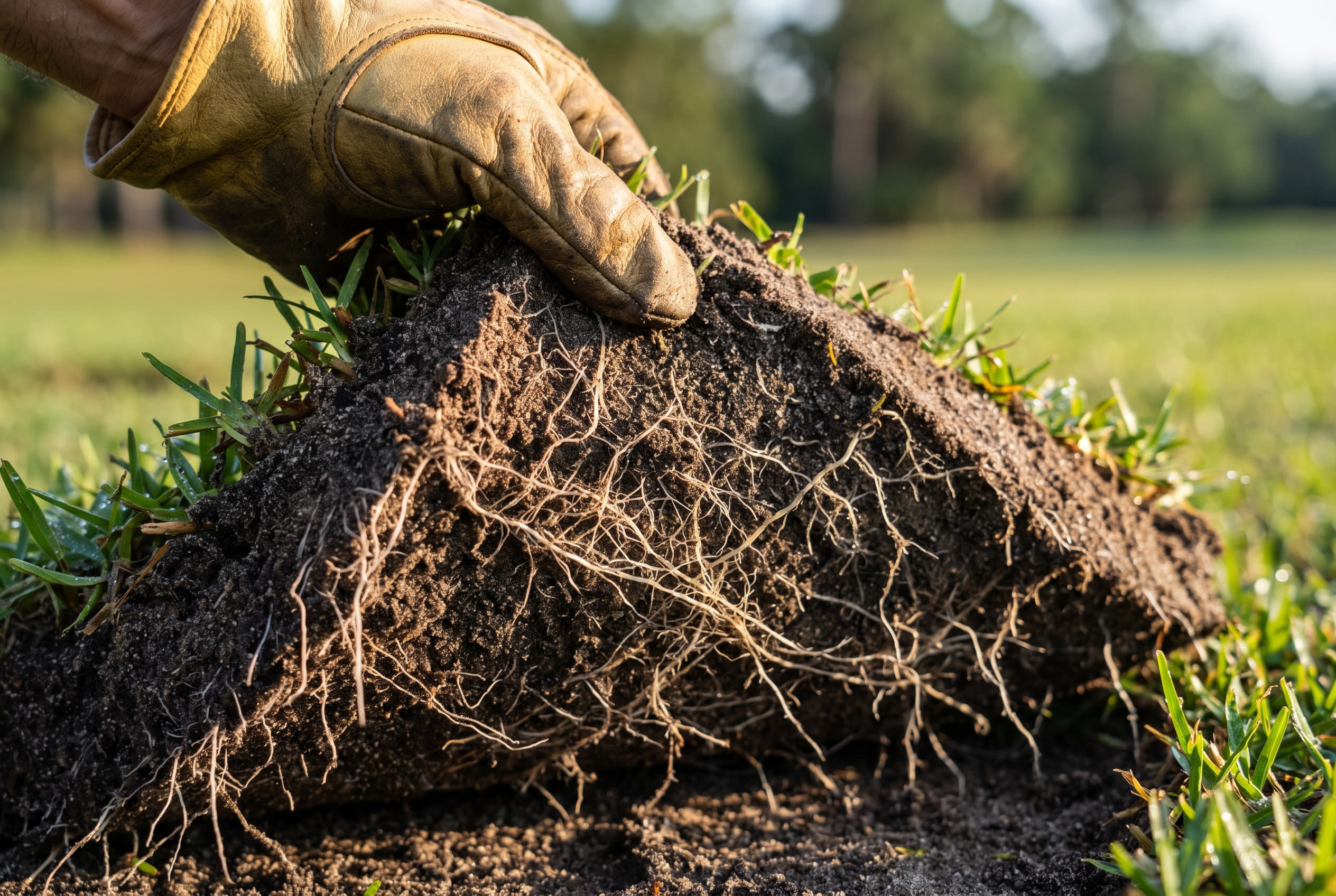 The underside of freshly harvested St. Augustine sod revealing moist sandy roots, held in a gloved hand — the look of a same-day harvest.