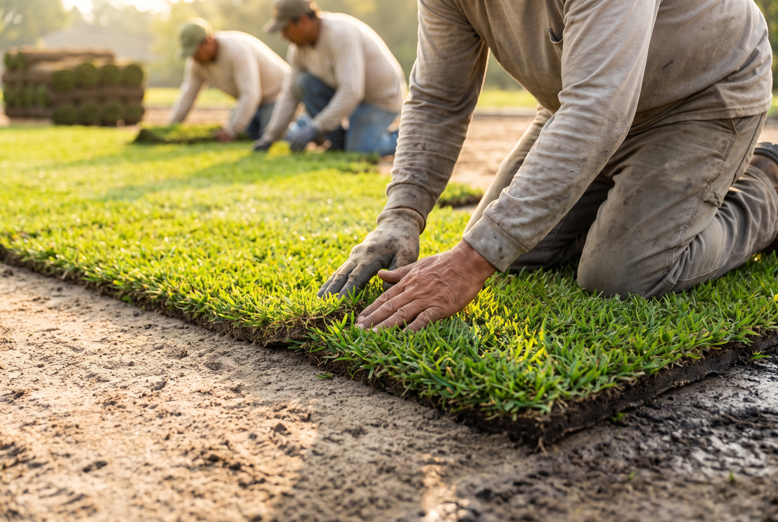 A sod installer pressing a seam between two freshly laid squares of St. Augustine tight against the graded soil, showing the hands-on craft of a Tampa Bay installation.
