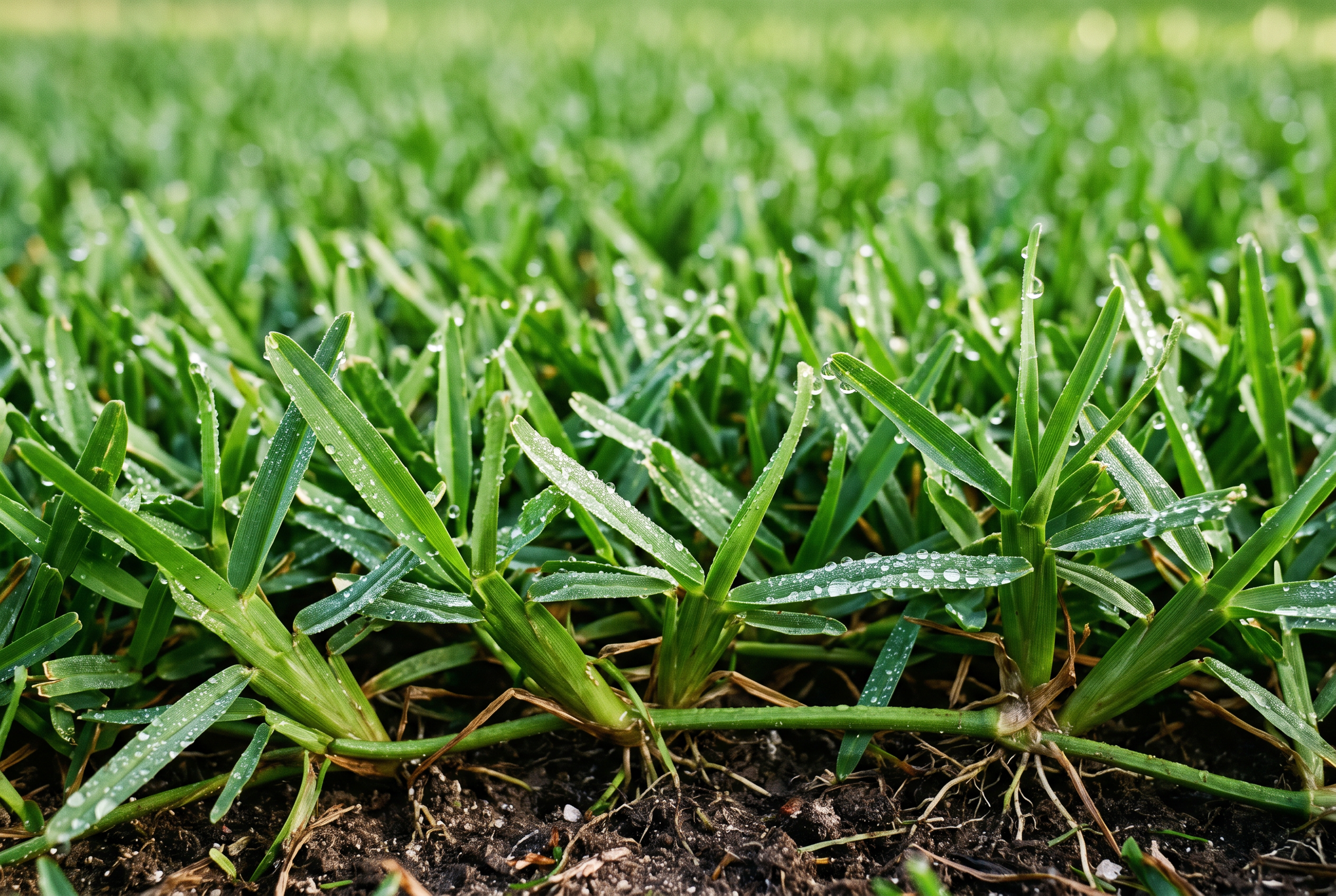 Ground-level macro view of dense, weed-free St. Augustine grass covered in morning dew — the goal of careful weed prevention after sod installation.