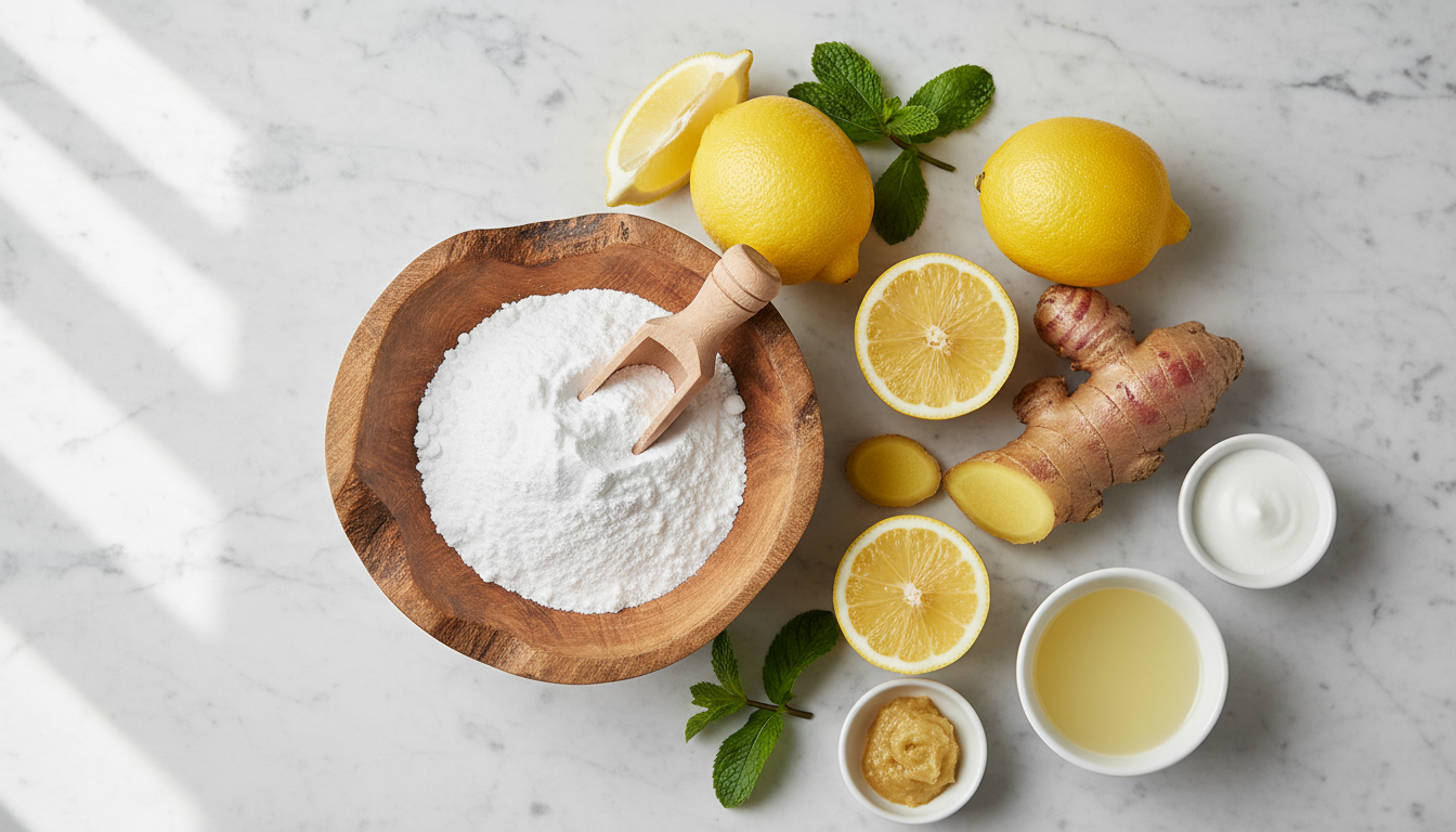 Baking soda lemons ginger flat lay