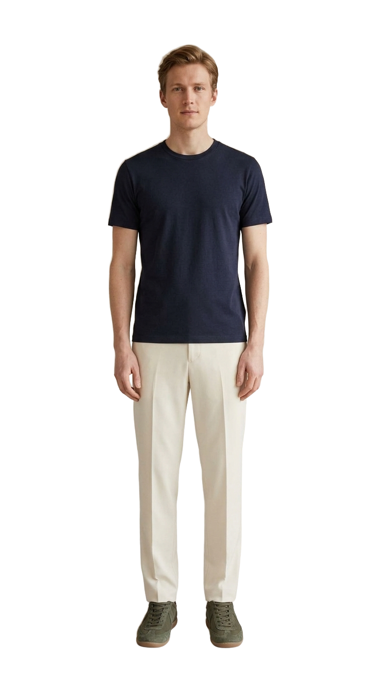 Navy Tee, Cream Trousers