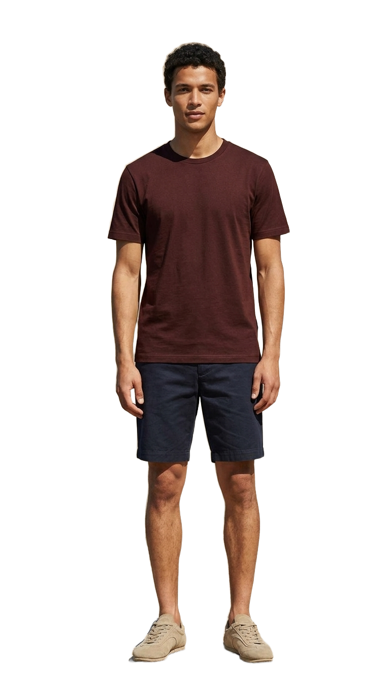 Oxblood Tee, Navy Shorts