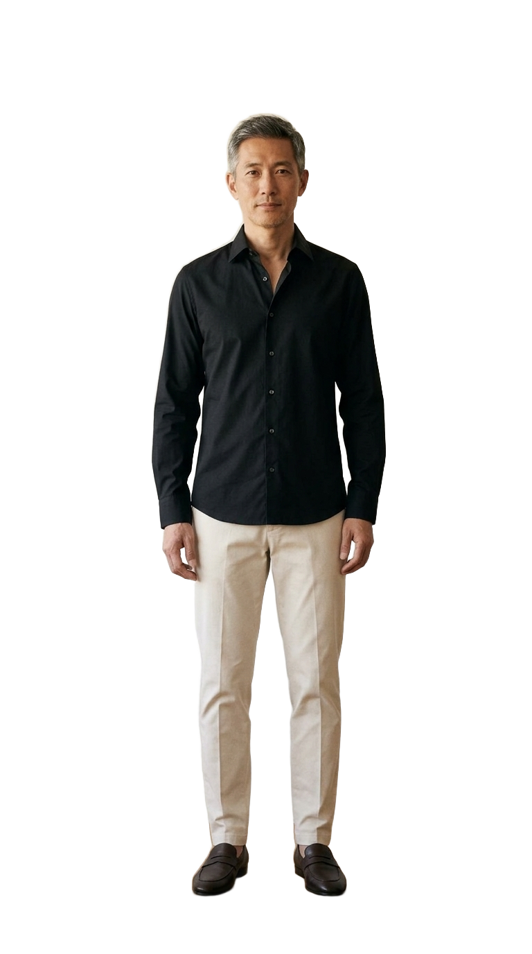 Black Shirt, Sand Trousers