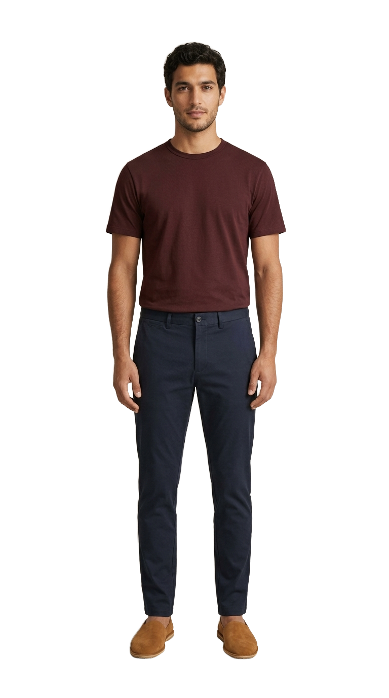 Oxblood Tee, Navy Chinos