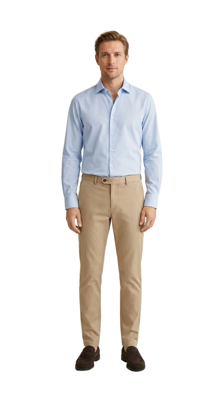 Sky Blue Shirt, Sand Chinos