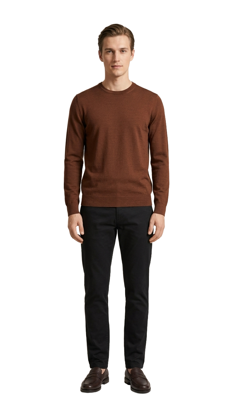 Chestnut Merino, Black Chinos
