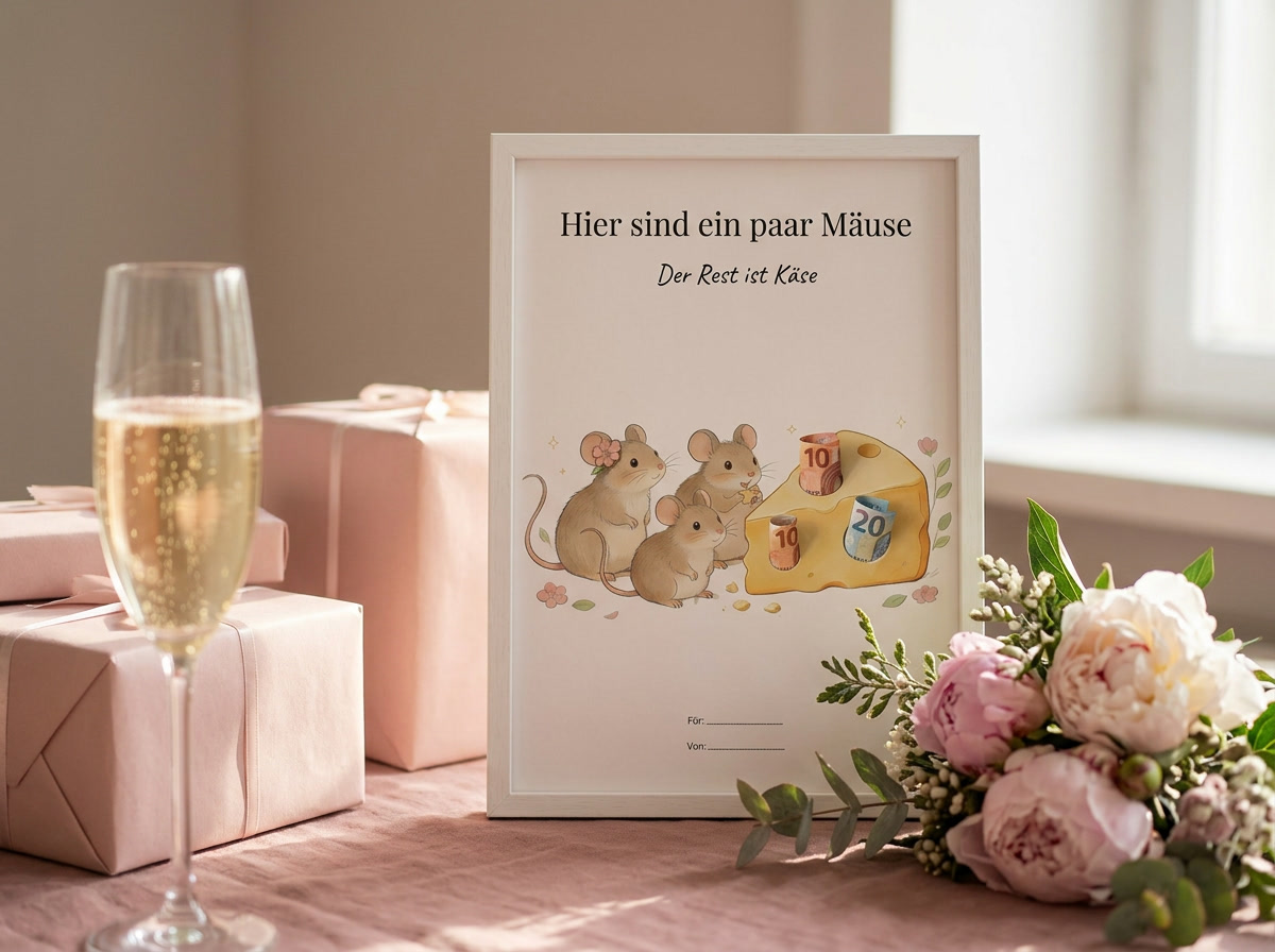 Wunscherfüller Mäuse im Bilderrahmen auf einem Geburtstags-Geschenketisch