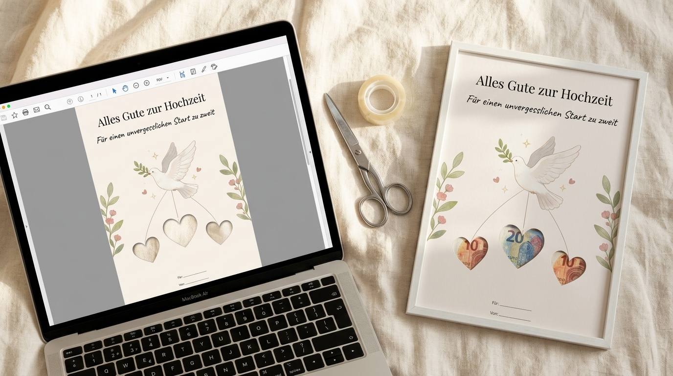 Geldgeschenk-Vorlage als PDF: Laptop-Vorschau neben dem fertig ausgedruckten Wunscherfüller im Bilderrahmen