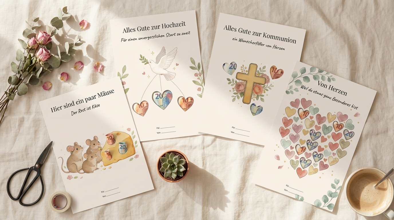 Vier Wunscherfüller-Ideen für Geldgeschenke: Hochzeit Tauben, Kommunion Kreuz, Mäuse, Universal Herzen