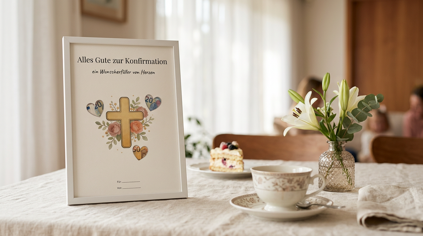 Geldgeschenk Konfirmation zum Ausdrucken: Wunscherfüller mit goldenem Kreuz im Bilderrahmen