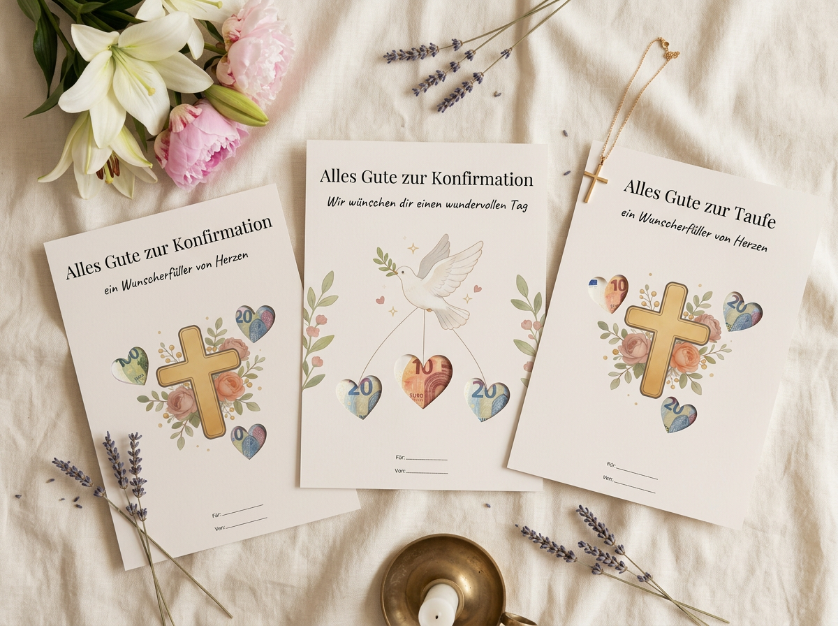 Drei Wunscherfüller-Designs für christliche Anlässe: Konfirmation Kreuz, Konfirmation Taube, Taufe Kreuz
