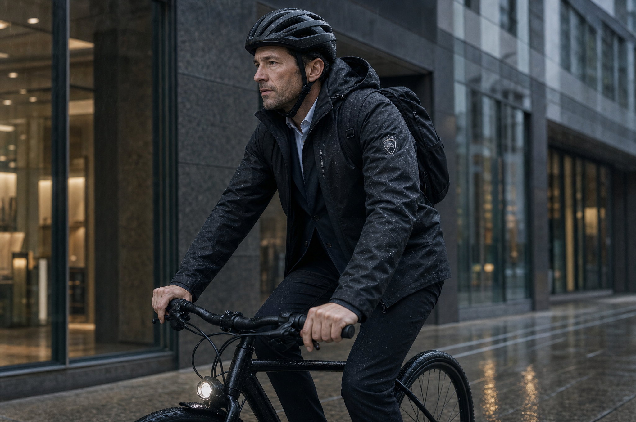 Urban professional draagt de Falcon Shelter tijdens een regenachtige fietsrit langs een kantoorgebouw