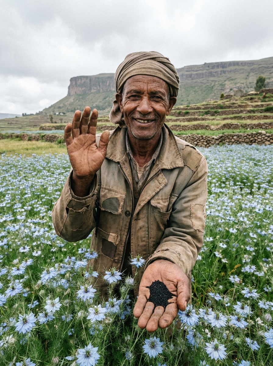 An Ethiopian farmer standing in a field of nigella flowers, holding black seeds in his palm