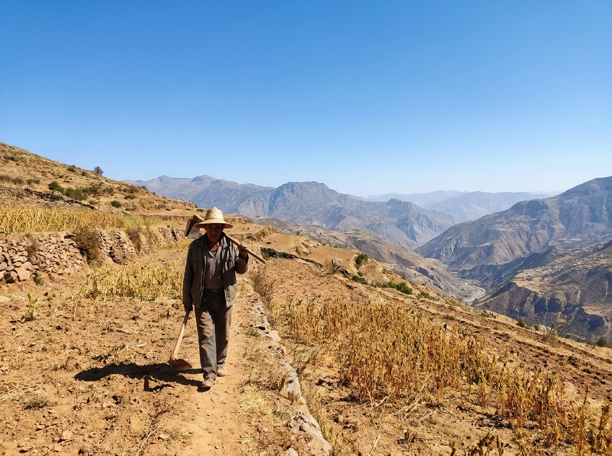 A farmer walking a high-altitude highland field