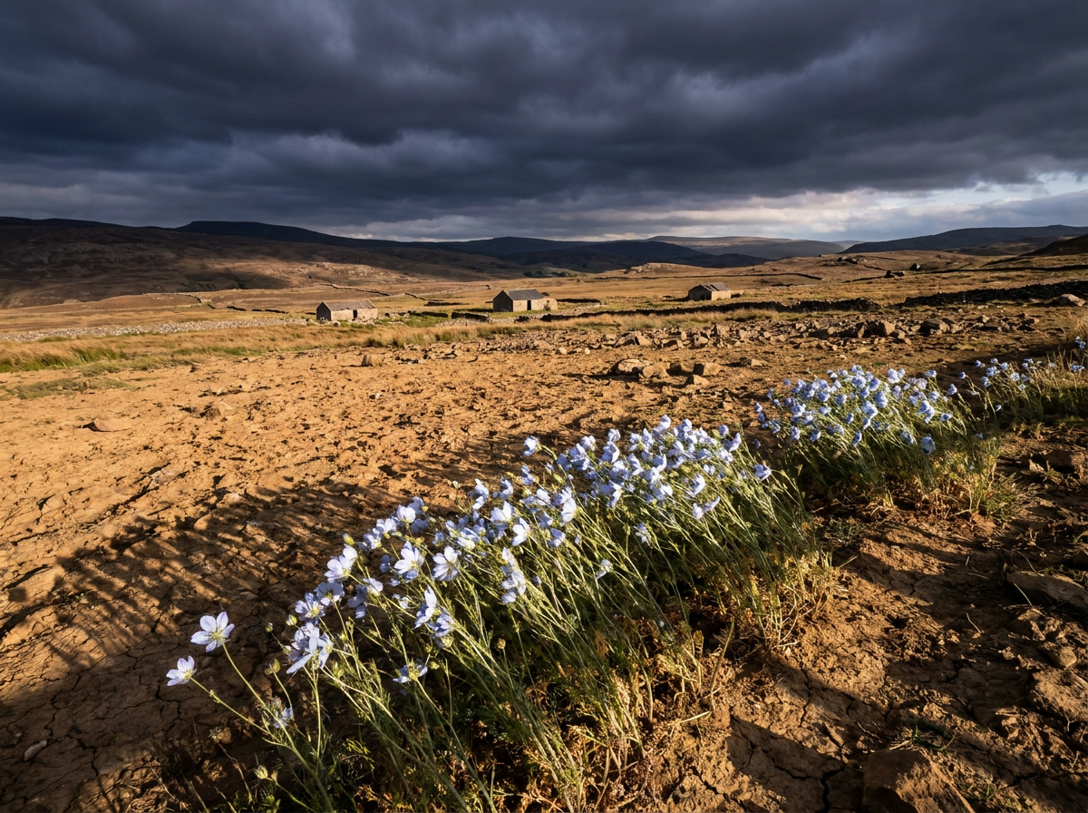 A nigella field under a harsh highland sky