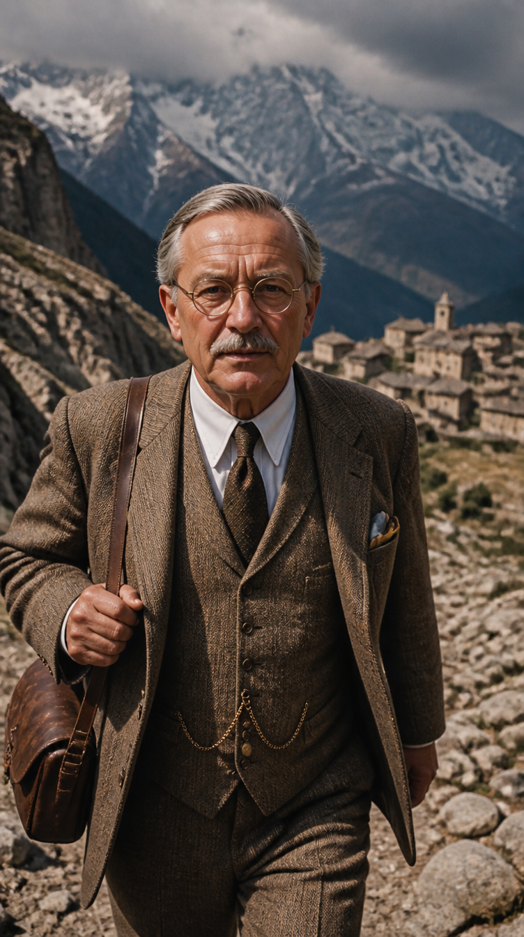 Dr. Weston Price walking an alpine trail toward a remote Swiss village, 1935