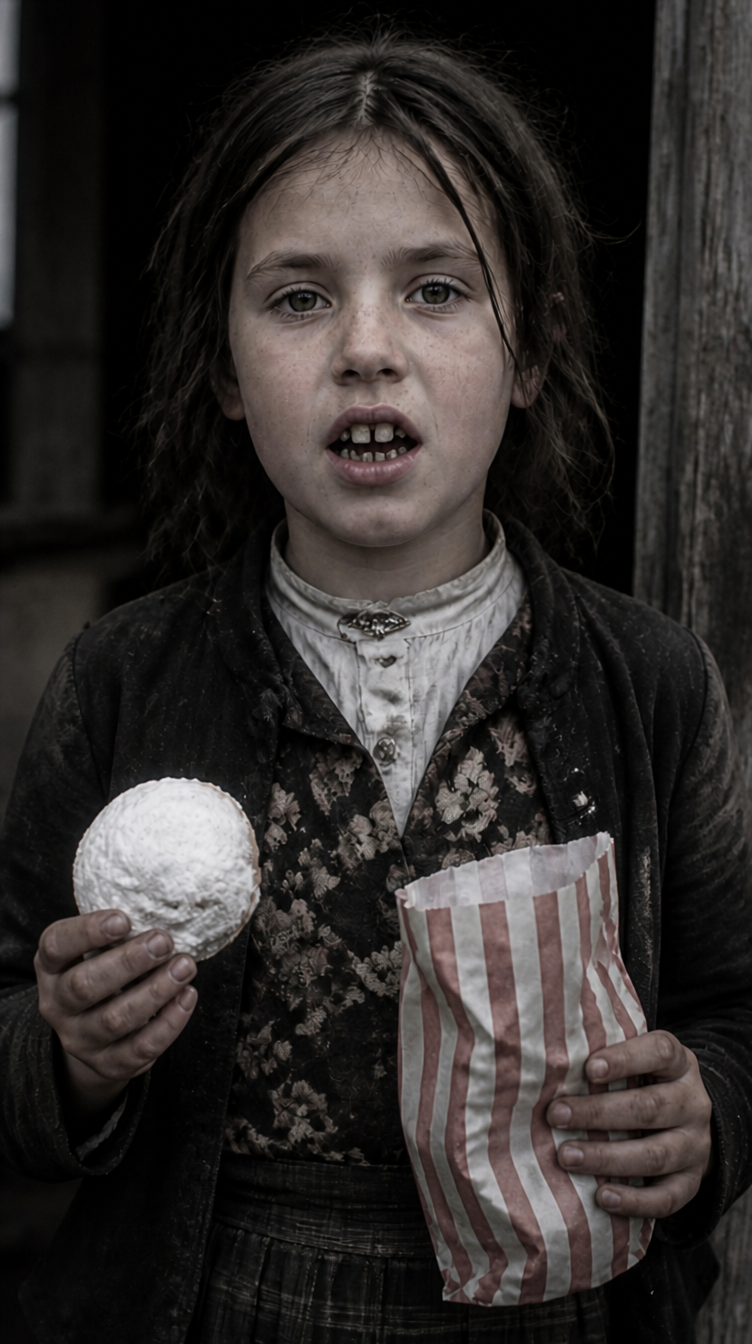 Village child with tooth decay holding white bread and candy after modern foods arrived