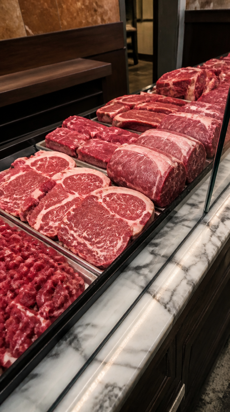 Traditional butcher counter with fresh cuts of beef