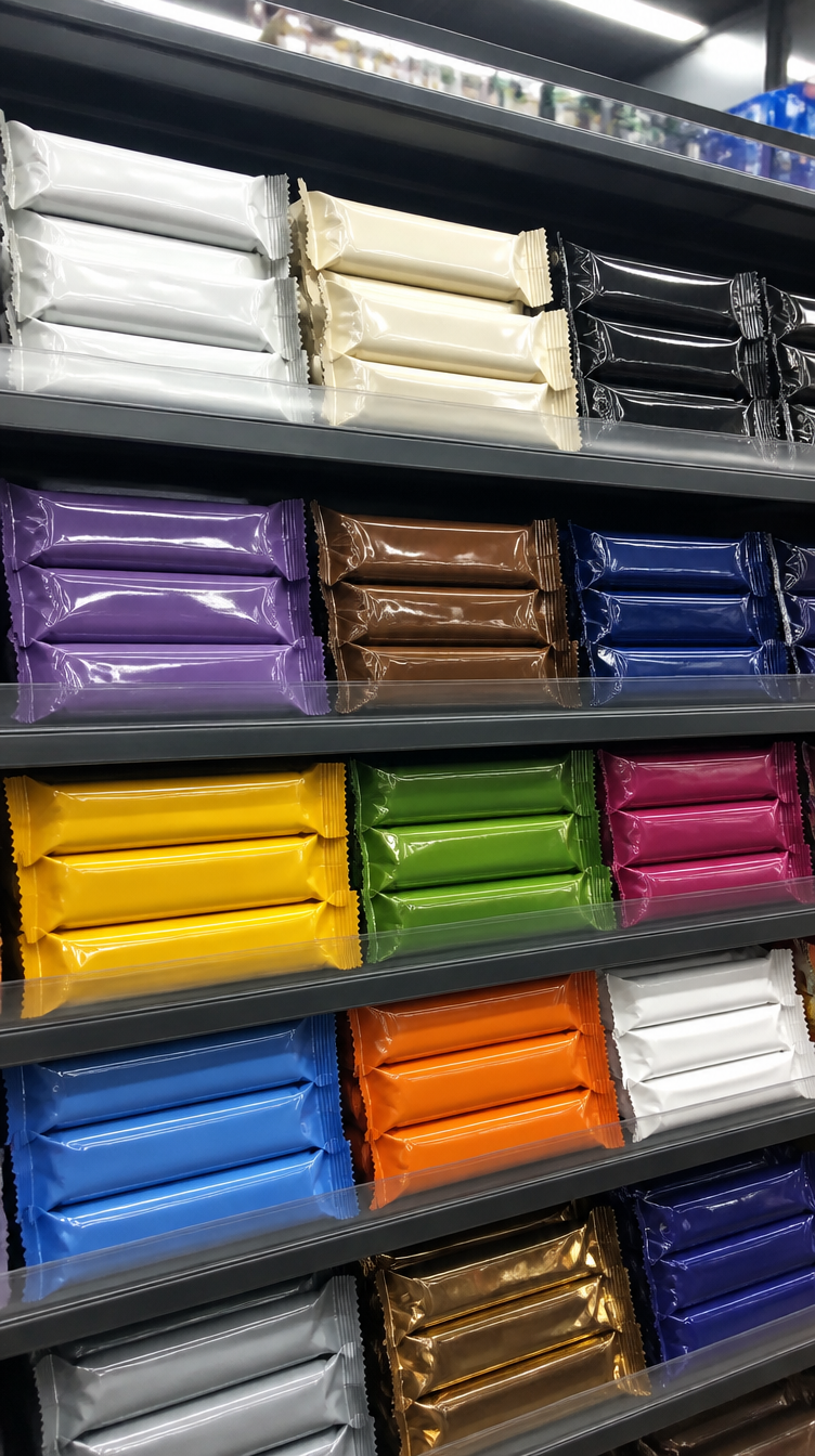 Supermarket wall of protein bars in plastic wrappers