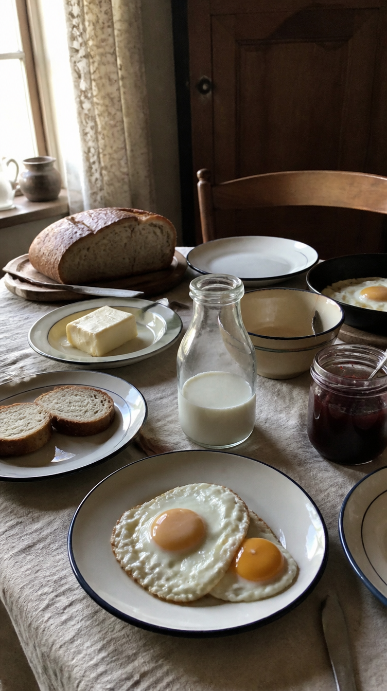 1900s farmhouse breakfast table with eggs, bread, butter and milk